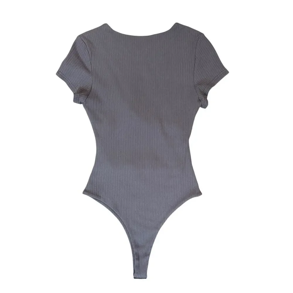 NWT PRINCESS POLLY Nicola Bodysuit Slate Gray Ribbed Criss Cross Thong Stretch 8 - Picture 3 of 16